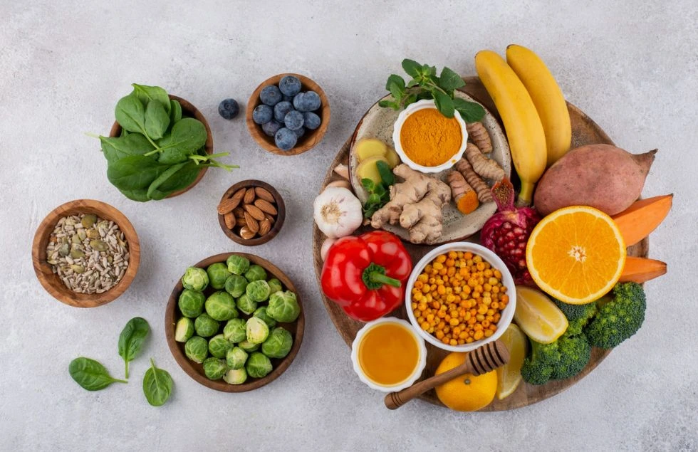 Superfoods arranged in basket and bowls