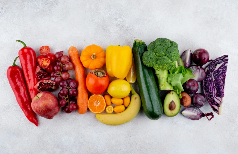 Different fruits and vegetables arranged beautifully