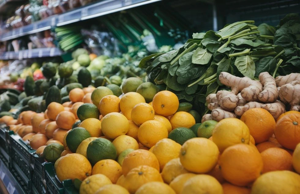 citrus fruits, ginger and spinach on a supermarket counter