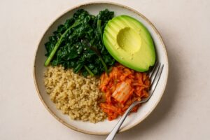  Lunch: Quinoa Bowl with Sautéed Greens, Avocado & Kimchi