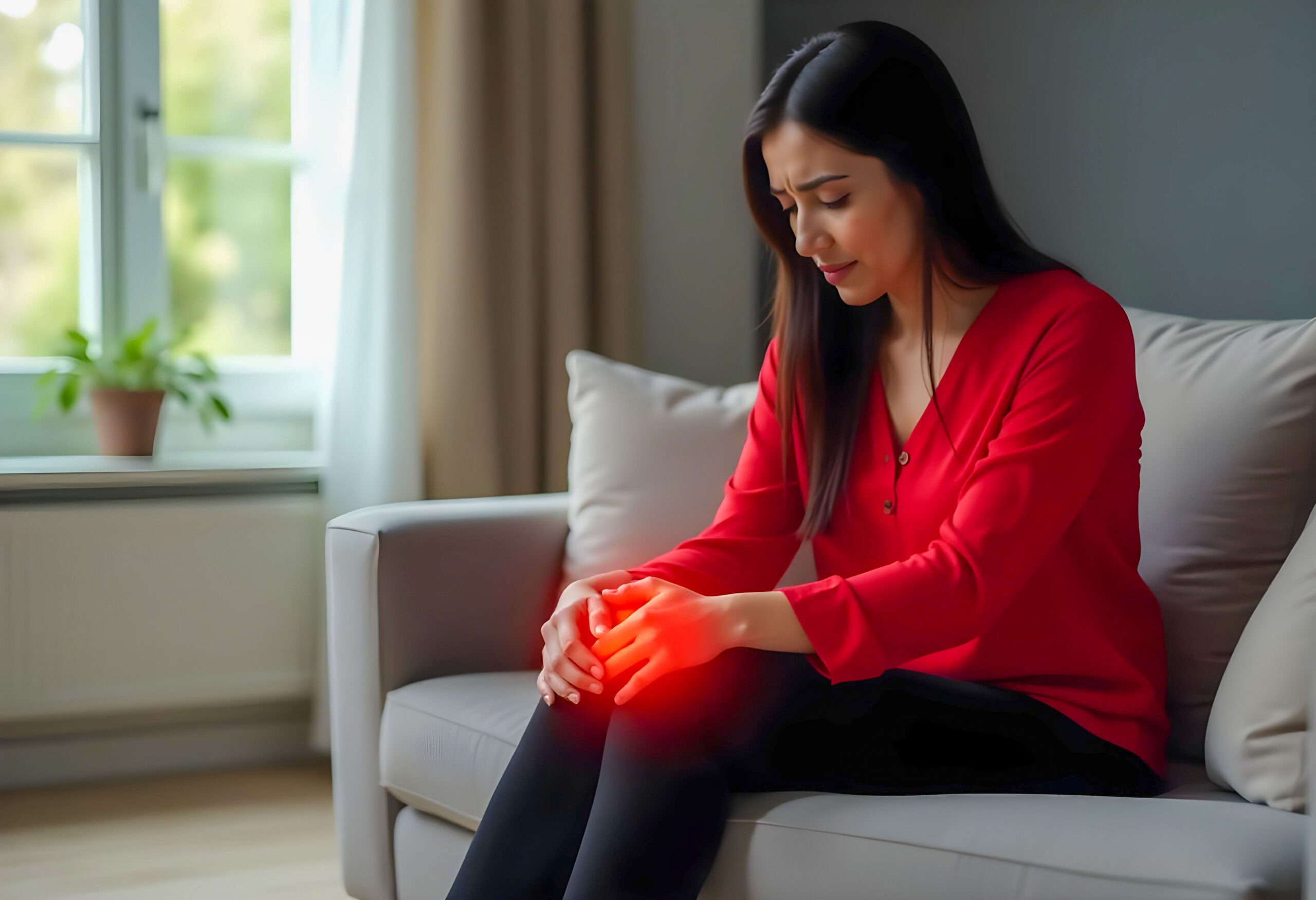 Woman experiencing knee pain during perimenopause symptoms at home